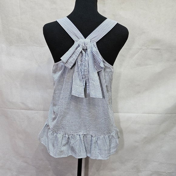 Charming Charlie Blue & White Stripped Ruffle Hem Top with Bow Accent Back Sz S - Picture 4 of 8